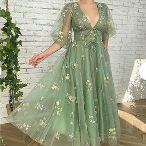 Green floral tulle gown